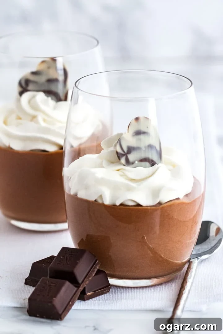 Silken Whipped Delight 3 Rich chocolate mousse served in a elegant glass, beautifully topped with a swirl of fresh whipped cream and a sprinkle of chocolate shavings.