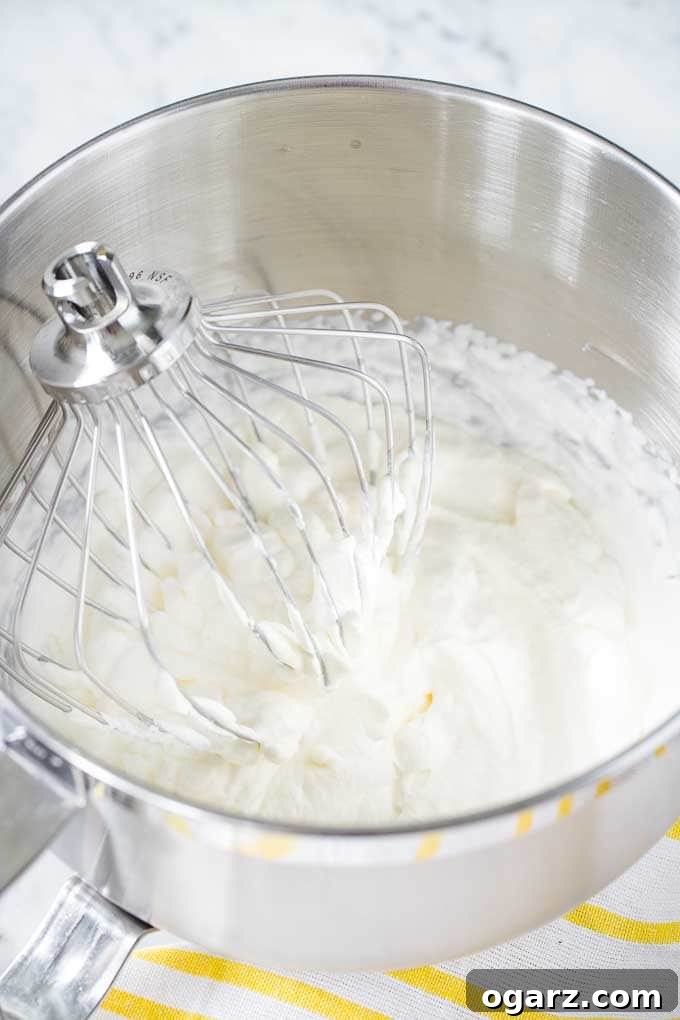 Silken Whipped Delight 4 A pristine stainless-steel mixing bowl filled with freshly whipped cream, with a Kitchen Aid whisk resting within, ready to be used or served.