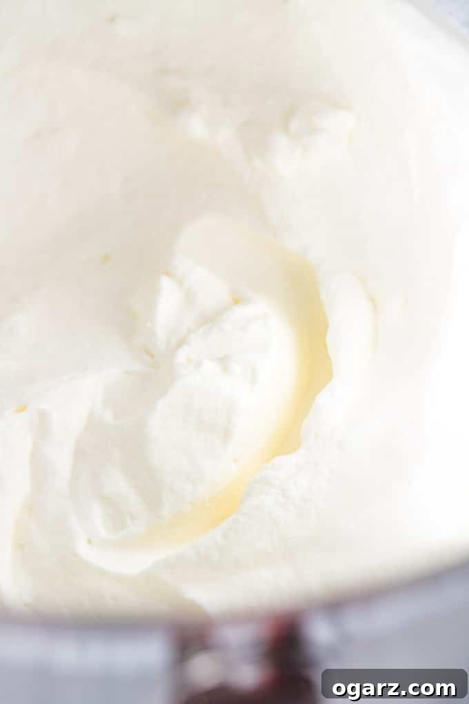 Silken Whipped Delight 5 Close-up shot of perfectly peaked, fluffy whipped cream, showcasing its irresistible texture and inviting appearance.