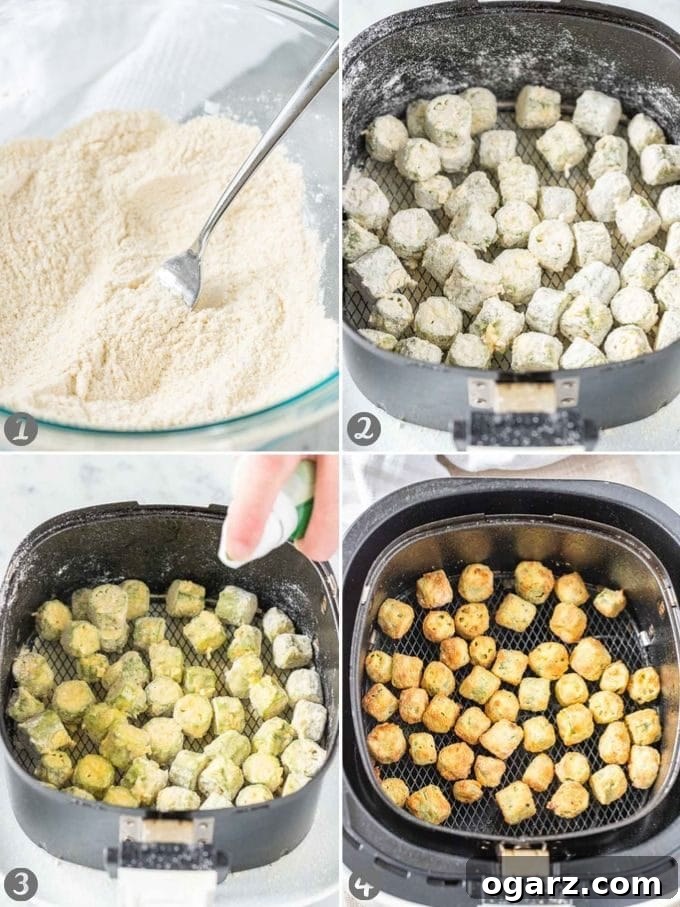 Crispy Air Fryer Okra 4 A collage showing the step-by-step process of preparing Air Fryer Okra, from fresh okra to coated and ready for the air fryer.
