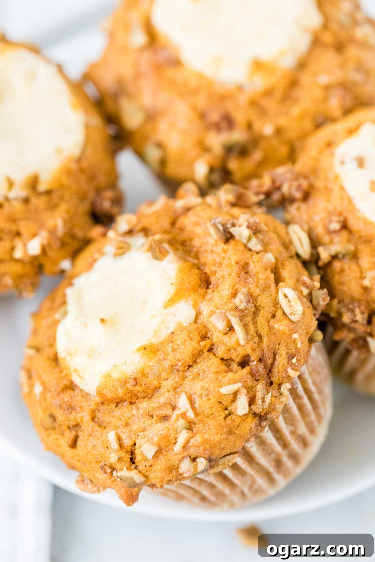 Freshly baked Pumpkin Cream Cheese Muffins artfully arranged on a rustic plate, inviting you to savor their autumnal charm.