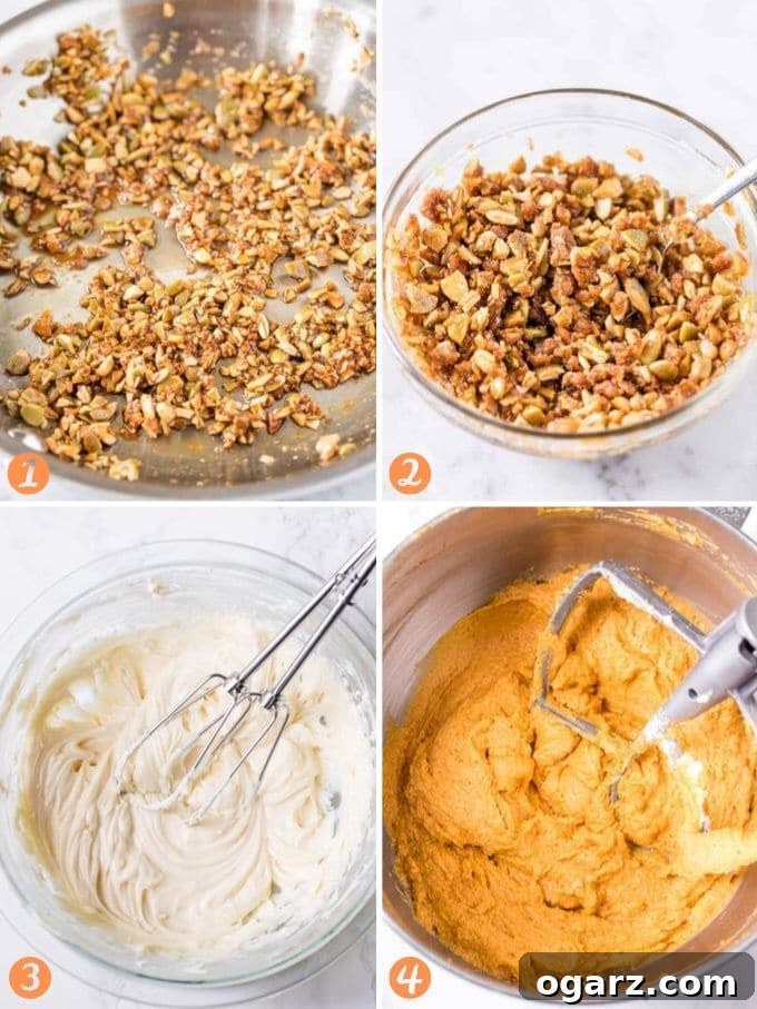 A visual guide displaying step-by-step instructions for preparing the Pumpkin Cream Cheese Muffins, highlighting key stages of the process.