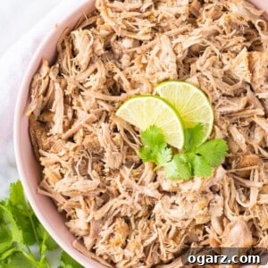 Ultimate Slow Cooker Carnitas 6 Slow Cooker Carnitas in a pink bowl garnished with lime wedges and cilantro