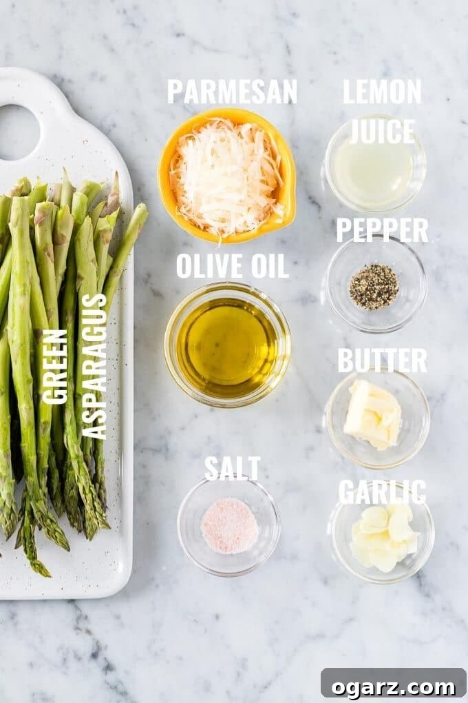 Golden Roasted Asparagus 3 Ingredients for Roasted Asparagus: Green Asparagus, Parmigiano, Olive Oil, Salt, Lemon Juice, Pepper, Butter and Garlic