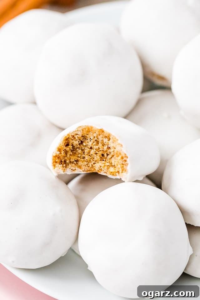 Sugar-Dusted Winter Spice 4 A beautifully detailed close-up of a single Pfeffernusse cookie, showcasing its perfect round shape and crisp white glaze.