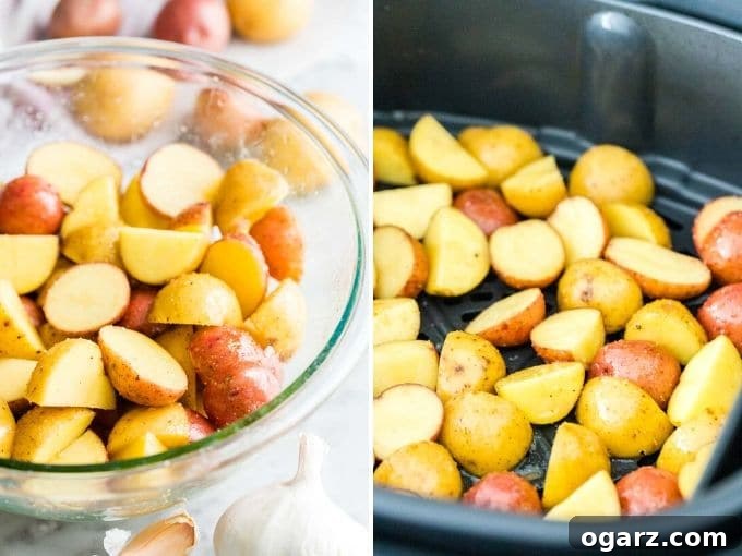 Crispy Air Fryer Potatoes 3 Step-by-step image showing how to prepare Air Fryer Potatoes: cut, season, and ready for the air fryer basket.