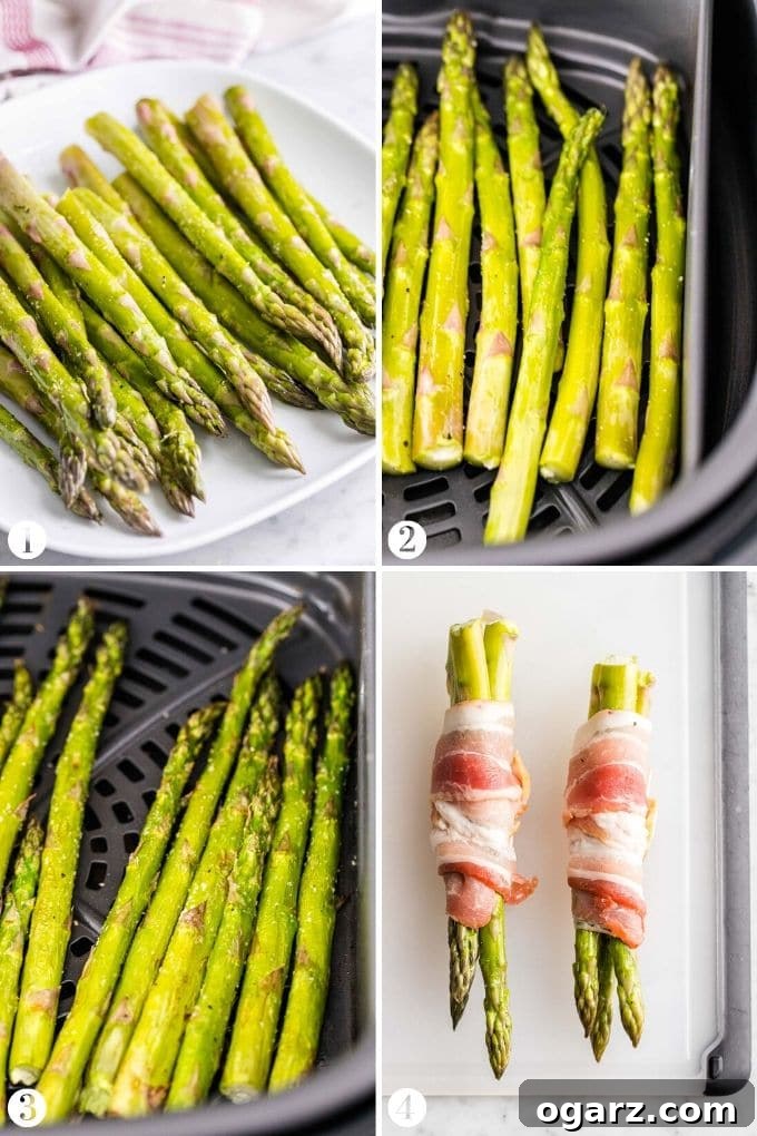 Crispy Air Fryer Asparagus 3 Step by Step Collage about how to Make Air Fryer Asparagus