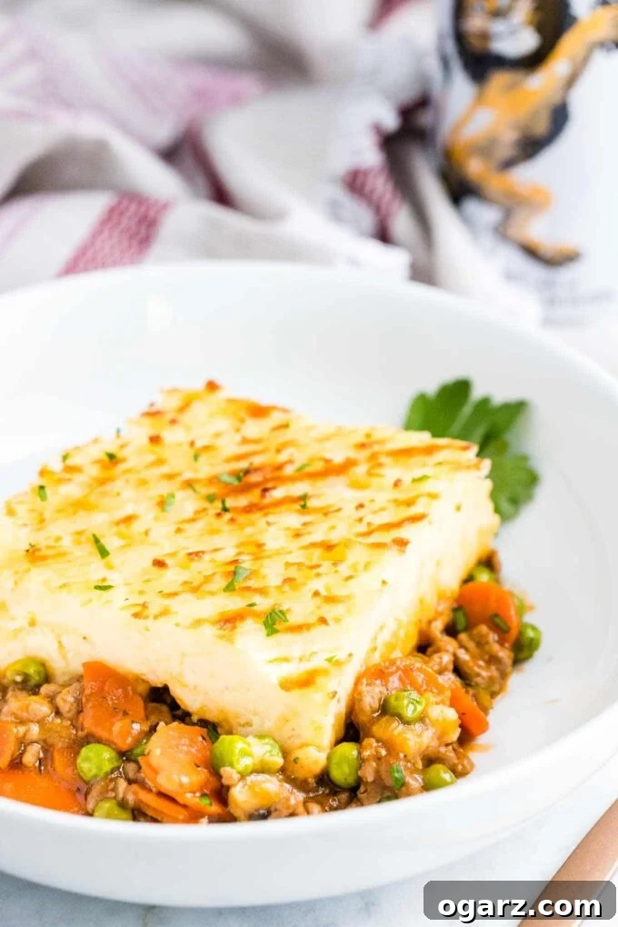 Classic Lamb and Mash Bake 5 A portion of Shepherd's Pie on a plate, garnished with fresh herbs
