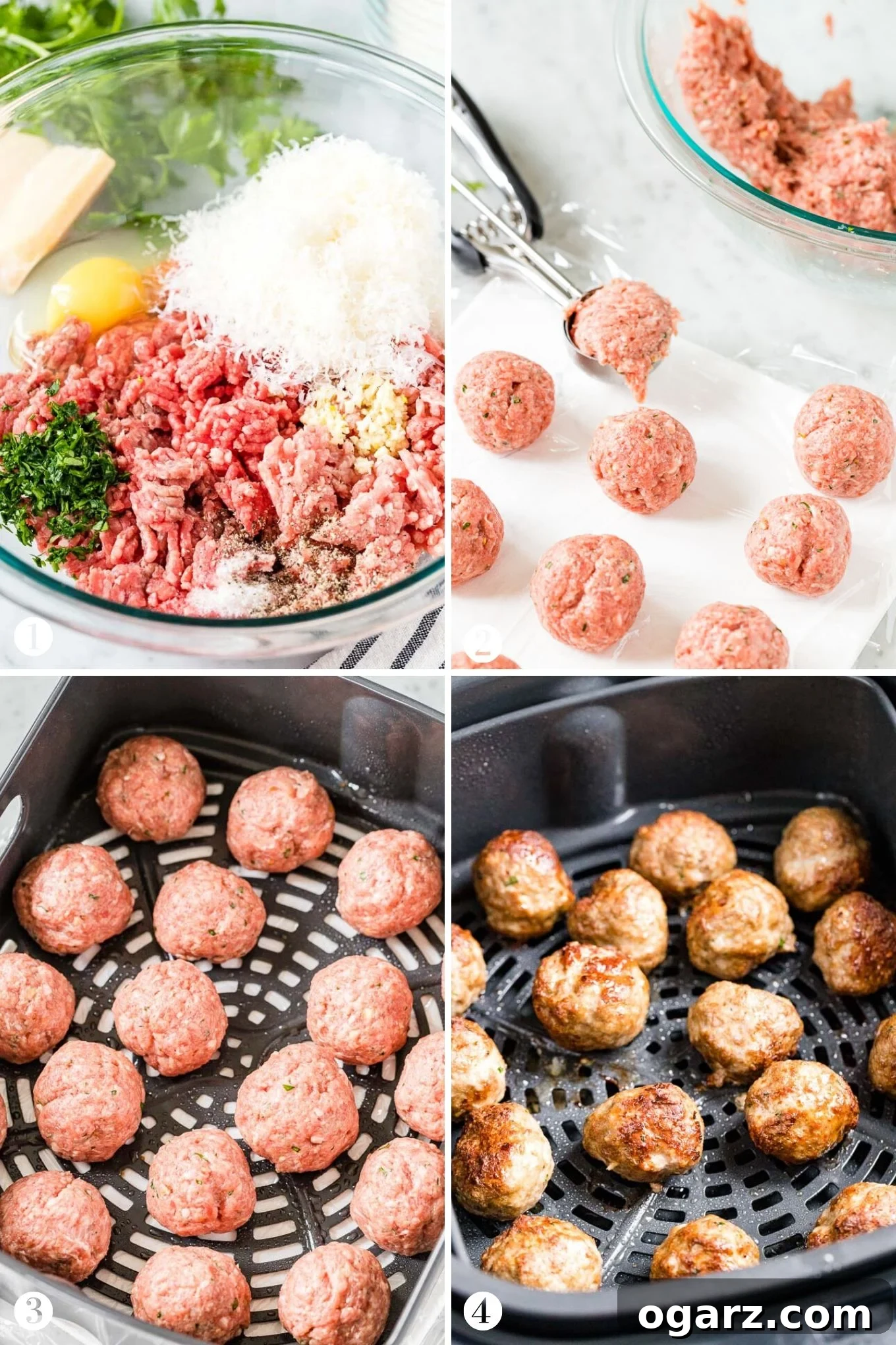 Juicy Air Fryer Meatballs in Minutes 3 Step-by-step assembly of air fryer meatballs ingredients in a bowl before mixing.