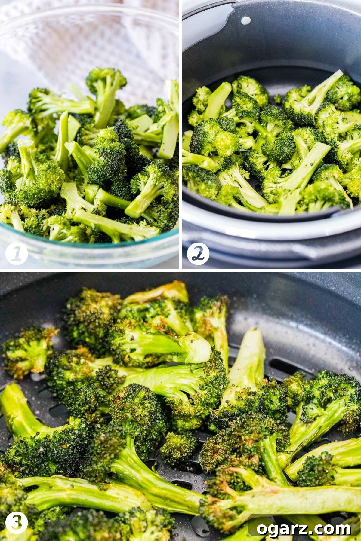 Crispy Air-Fried Broccoli 3 Four step-by-step images showing how to prepare broccoli in an Air Fryer.