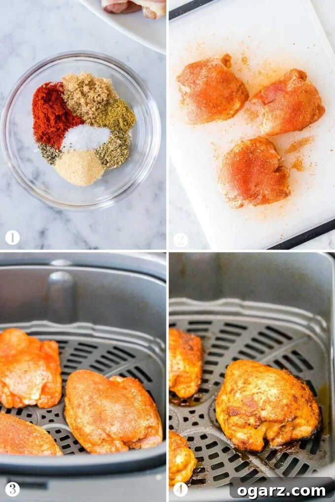 A step-by-step collage demonstrating how to prepare air fryer chicken thighs, showing seasoned chicken pieces ready for the air fryer and the final crispy result.