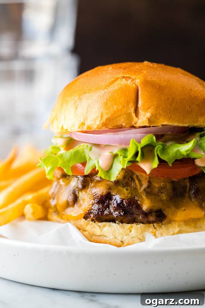 A close up shot of a juicy air fryer hamburger with melted cheese