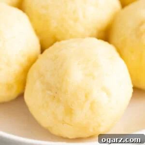 A classic Kartoffelkloesse dish on a plate, featuring the soft, round potato dumplings alongside a rich gravy.