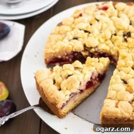 A plum cake with streusel on a springform bottom on a white plate. A cake server is lifting out a slice.