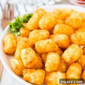 Air Fried Tater Tots on a white plate next to a small bowl of ketchup