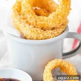 Fried onion rings in a grey canteen cup with parchment paper. There's a small white porcelain bowl with barbecue sauce next to it and a single onion ring leaning against it.