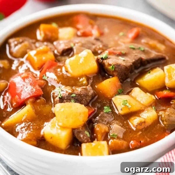 A white bowl of goulash, containing red peppers, beef and potatoes, topped with parsley. There's a white dish towel with red stripes and some red peppers next to it.