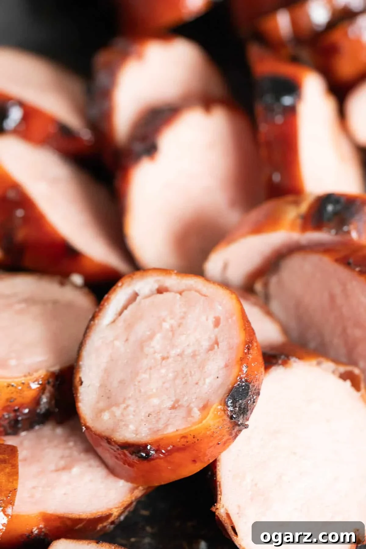 Sliced smoked sausage for Currywurst.